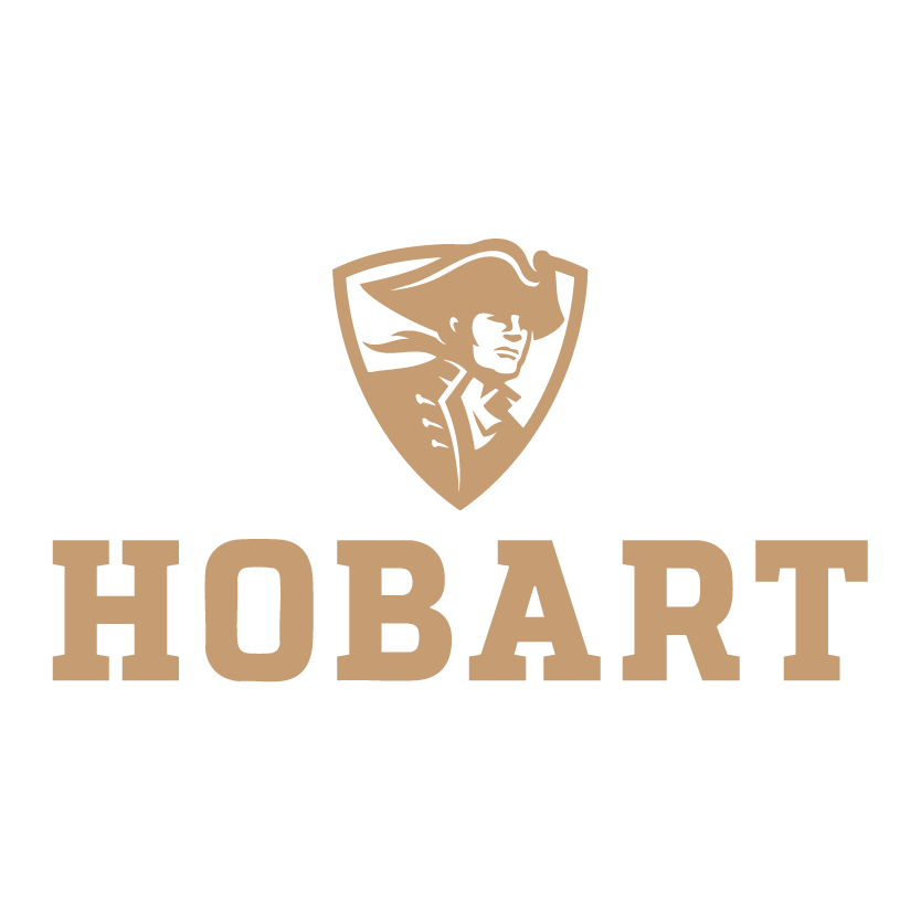 Logo featuring the word HOBART in bold, tan letters beneath a shield-shaped emblem with a stylized figure wearing a tricorn hat and colonial attire, all in the same tan color.