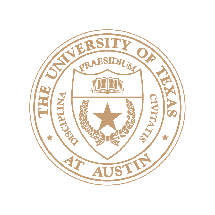 The bronze-colored seal of The University of Texas at Austin features a shield with a star, laurel branches, and an open book, surrounded by Latin words and the university’s name in a circular border.