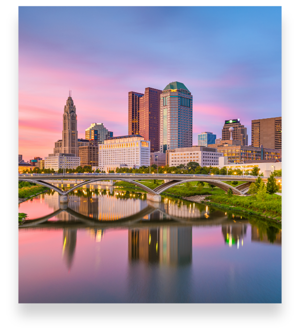 View of Columbus, Ohio, skyline on the river at sunset