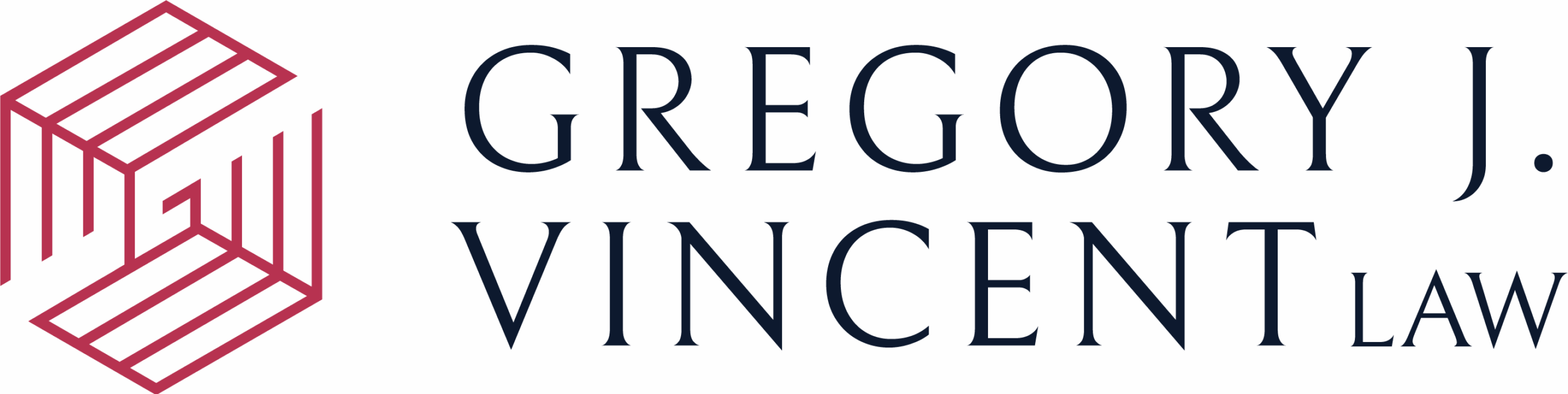 Primary law logo for Gregory J. Vincent Law featuring a geometric, hexagonal red emblem on the left and GJV Law in large black text on the right.